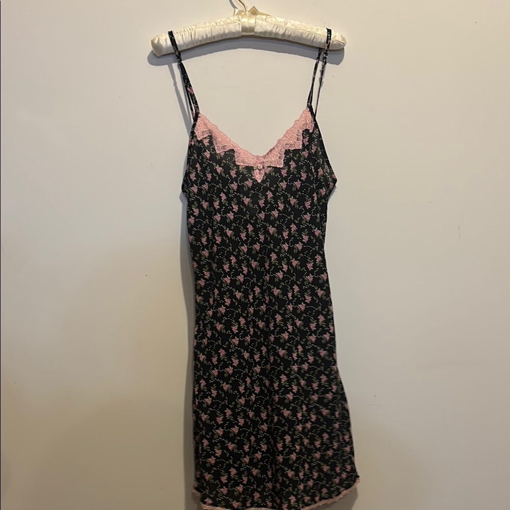 Lai Design Black Floral Pink Lace Trim Slip Dress size small